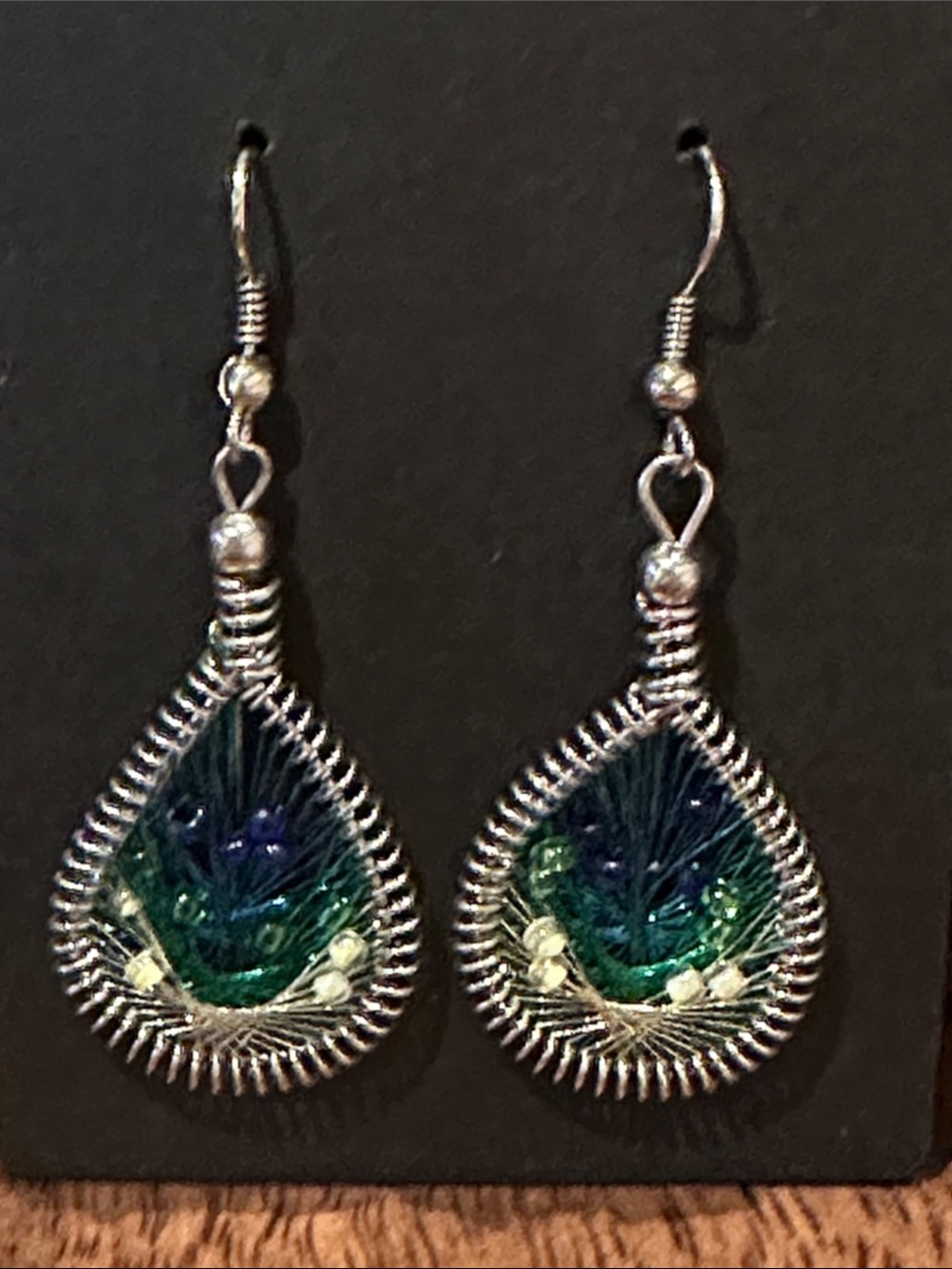 Handcrafted Teardrop Wire-Wrapped Earrings in Blue-Green